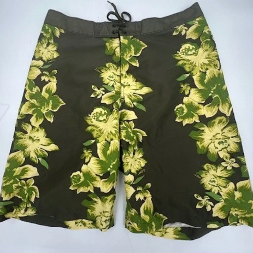J.Crew Board Shorts Mens 32 Olive Green Tropical Floral Good Lace Up Swim Trunks